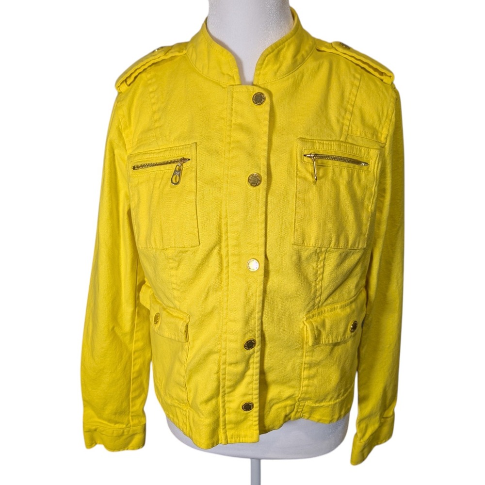 Jones New York Signature Petite Med Yellow Utility Jean Jacket Gold Hardware PM